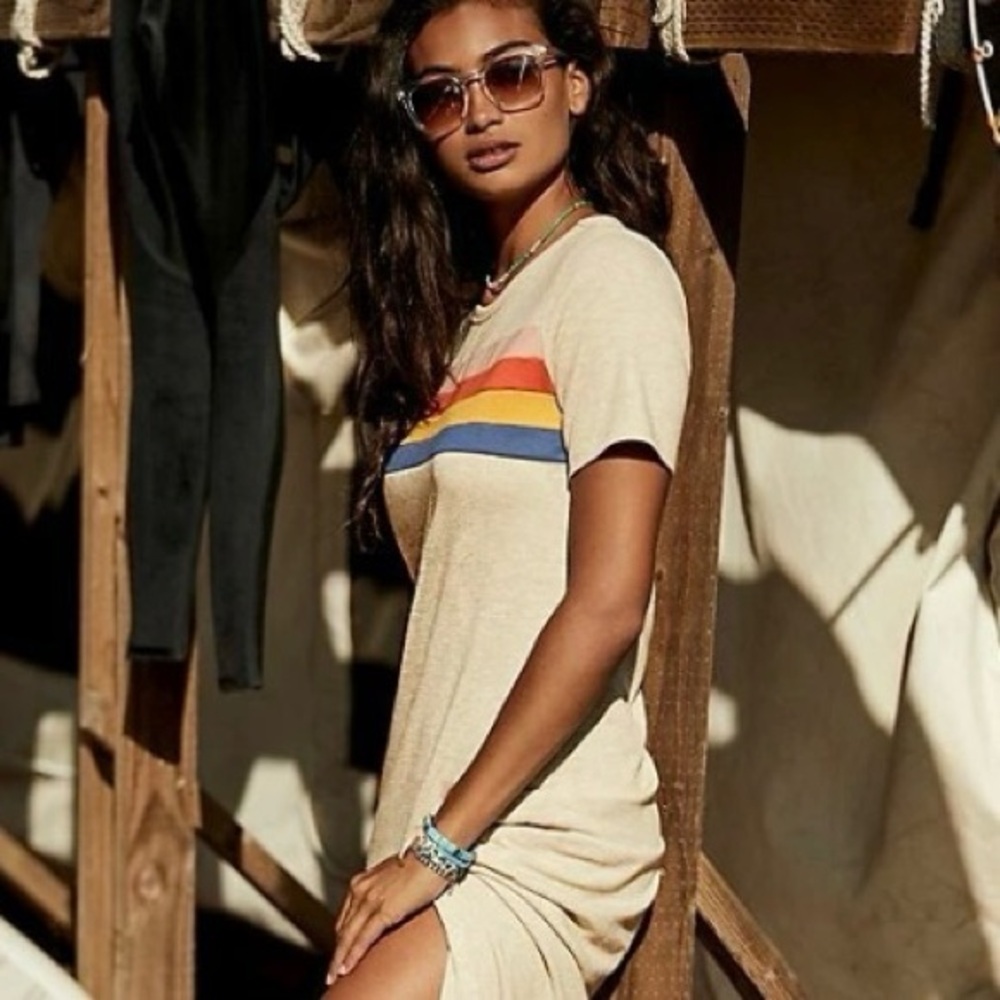 Anthropologie Beige Midi Dress with Rainbow Stripes